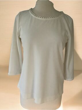 Ann Taylor Cream Long Sleeve Lace-Trim Blouse